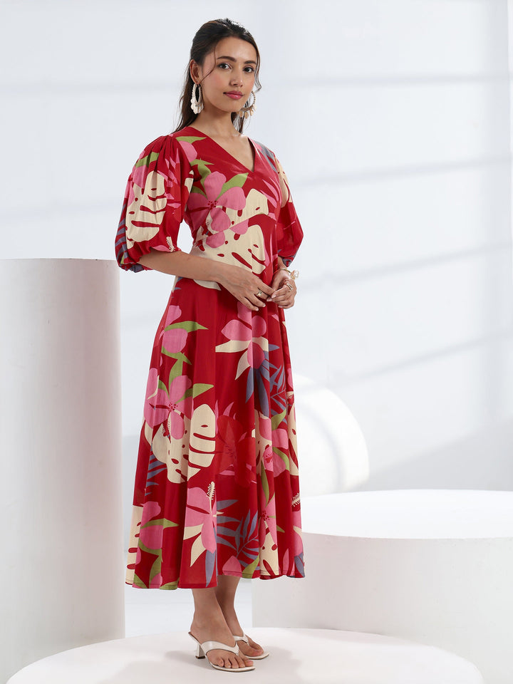 Red Tropical Printed Cotton A-Line One Piece Dress
