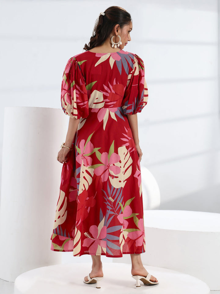 Red Tropical Printed Cotton A-Line One Piece Dress