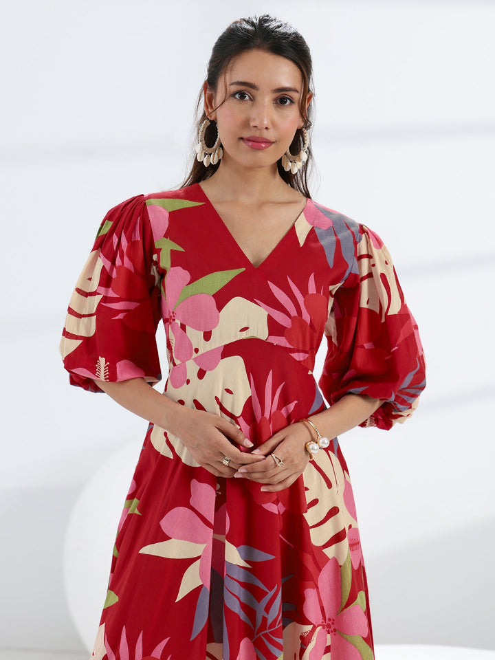 Red Tropical Printed Cotton A-Line One Piece Dress