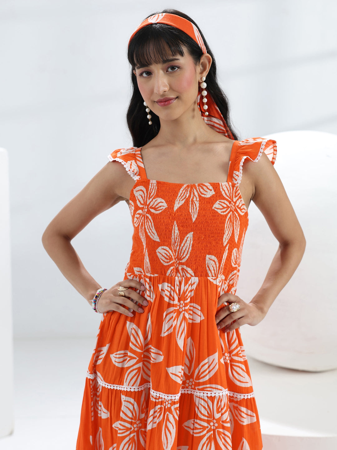 Orange Floral Printed Cotton One-Piece Tiered Dress