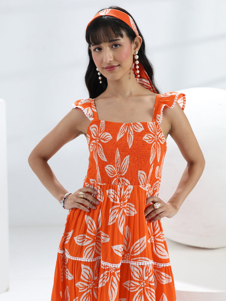 Orange Floral Printed Cotton One-Piece Tiered Dress