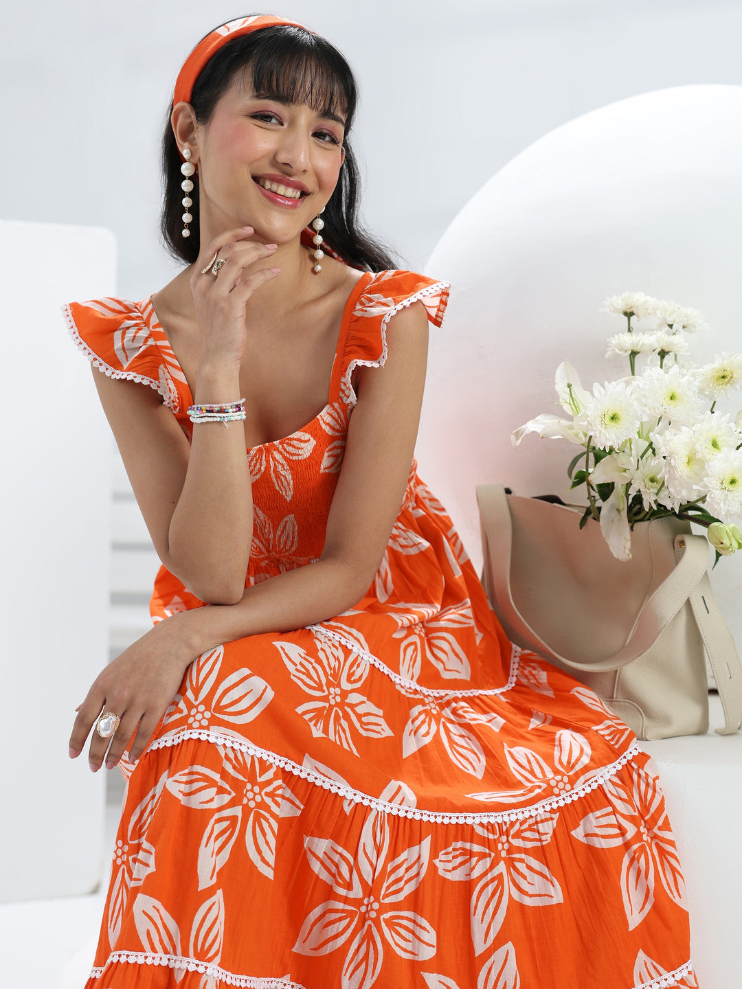 Orange Floral Printed Cotton One-Piece Tiered Dress