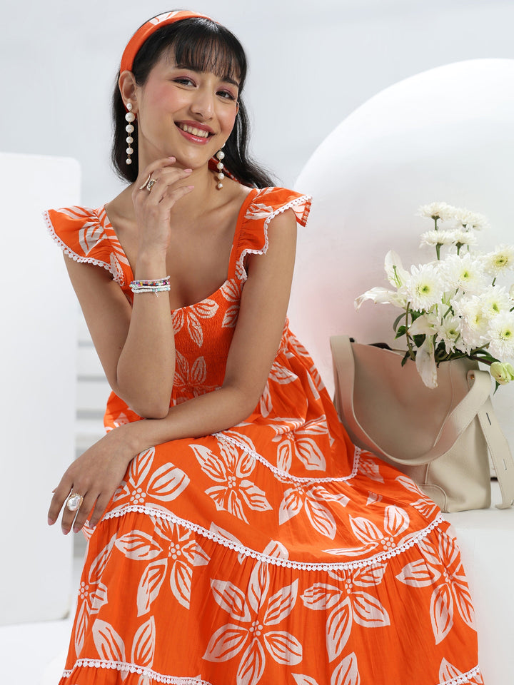 Orange Floral Printed Cotton One-Piece Tiered Dress