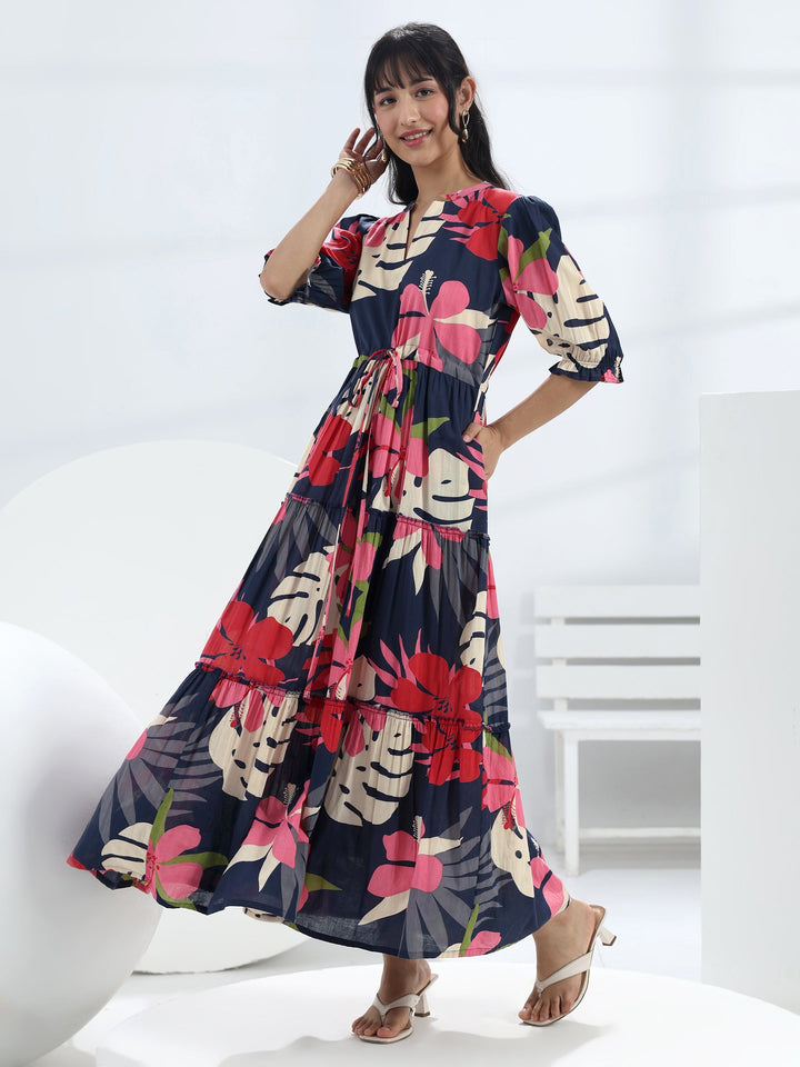 Navy Blue Floral Printed Cotton One-Piece Tiered Dress