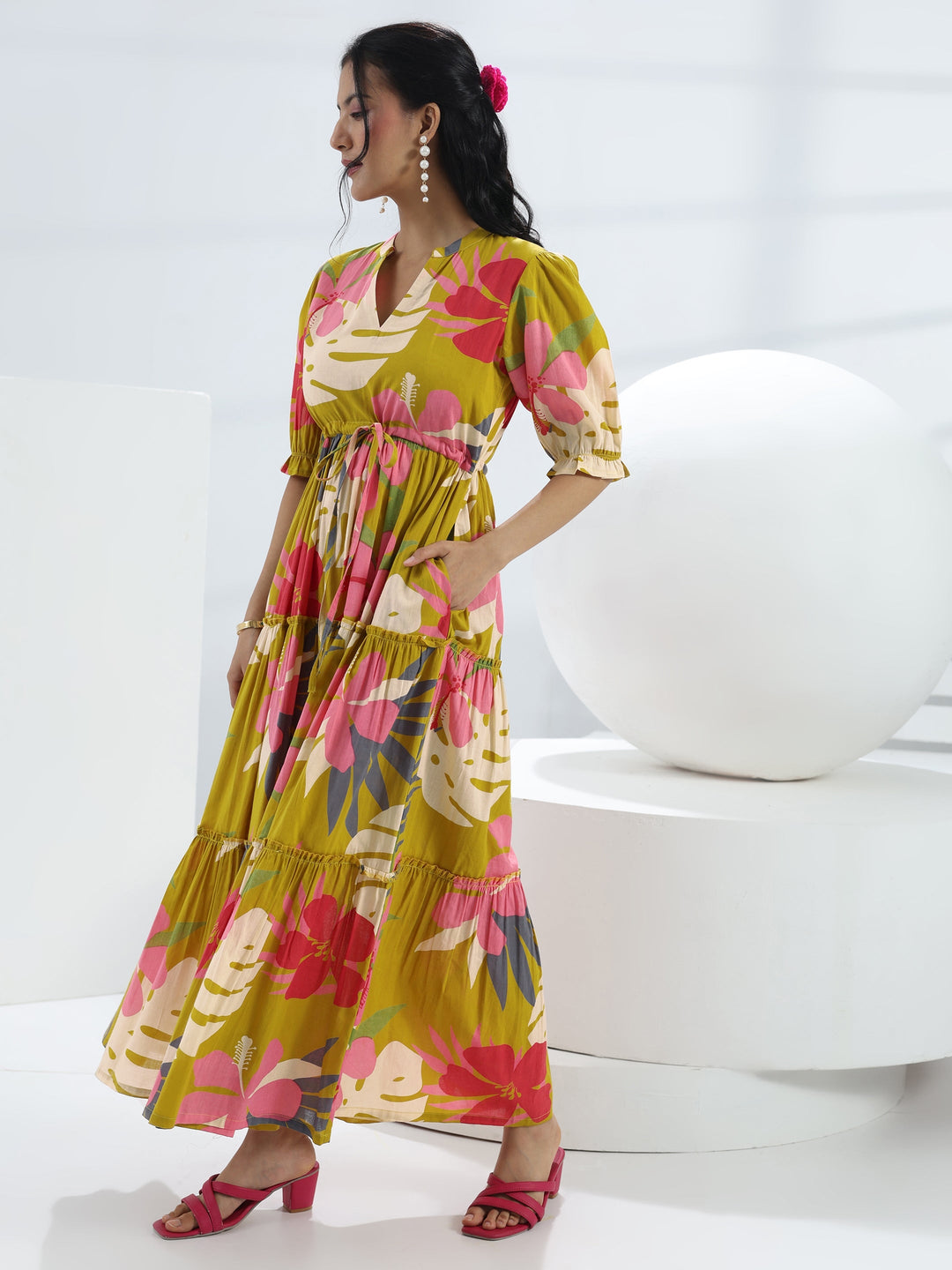 Yellow Floral Printed Cotton One-Piece Tiered Dress