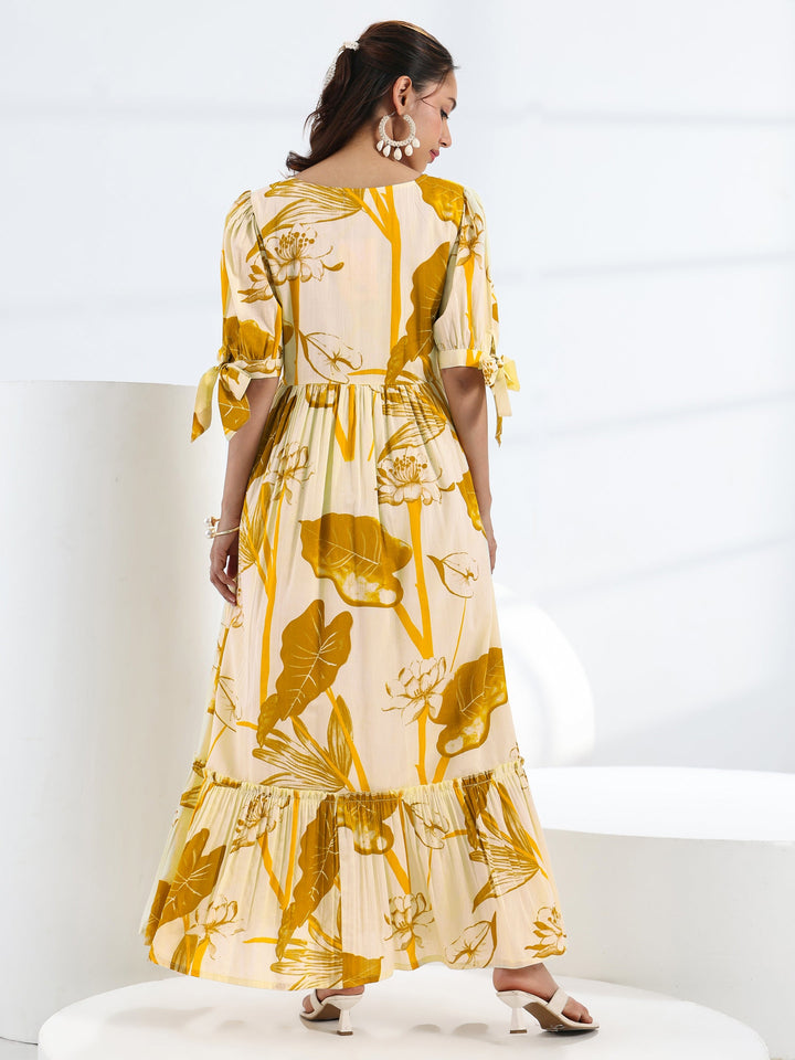 Yellow Tropical Printed Cotton Fit-And-Flare One Piece Dress