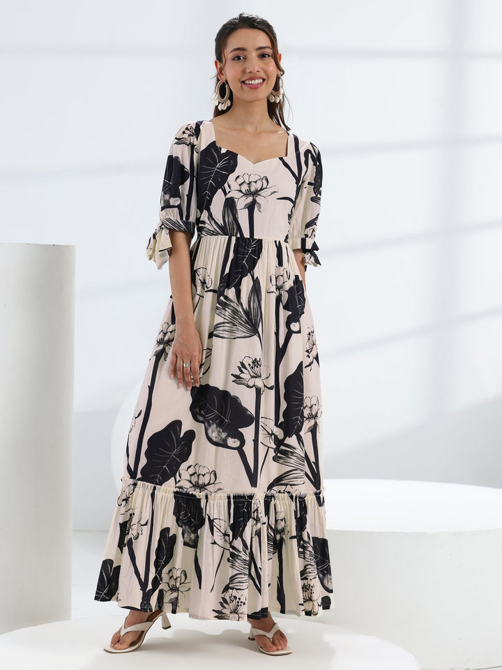 Off White Tropical Printed Cotton Fit-And-Flare One Piece Dress