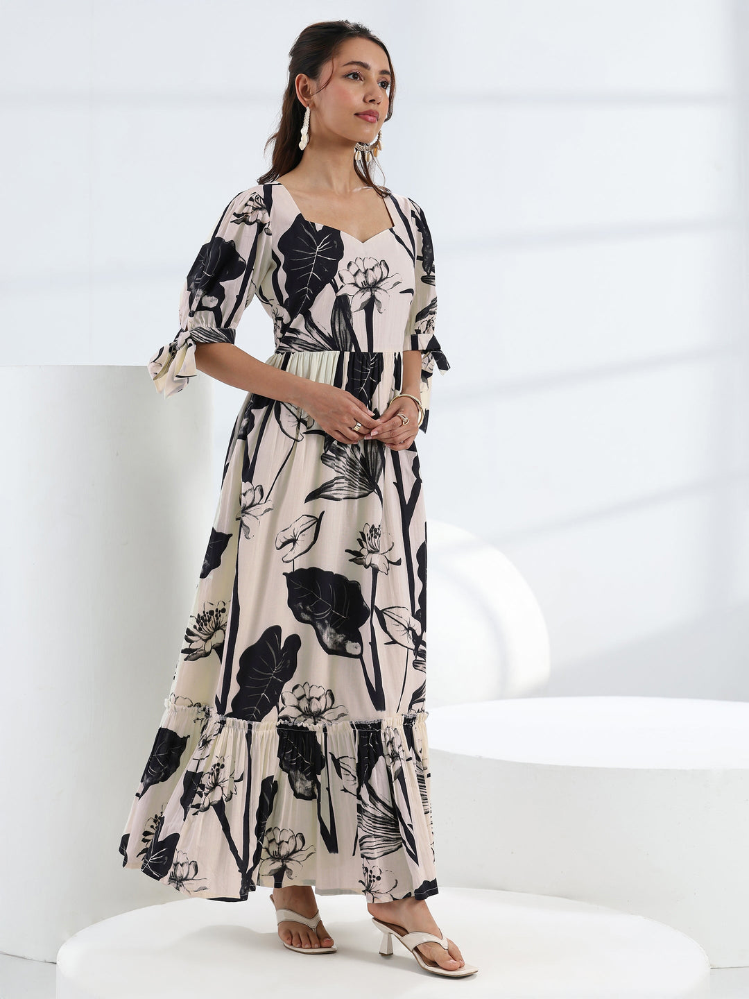 Off White Tropical Printed Cotton Fit-And-Flare One Piece Dress