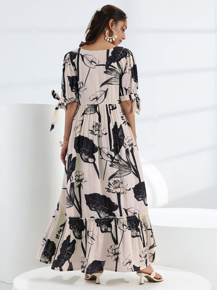 Off White Tropical Printed Cotton Fit-And-Flare One Piece Dress