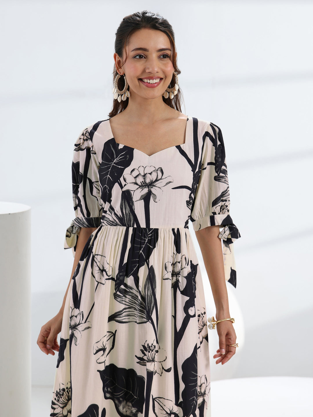 Off White Tropical Printed Cotton Fit-And-Flare One Piece Dress