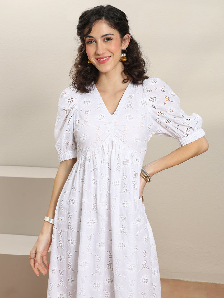 White Schiffli Embroidered Cotton A-Line One-Piece Dress