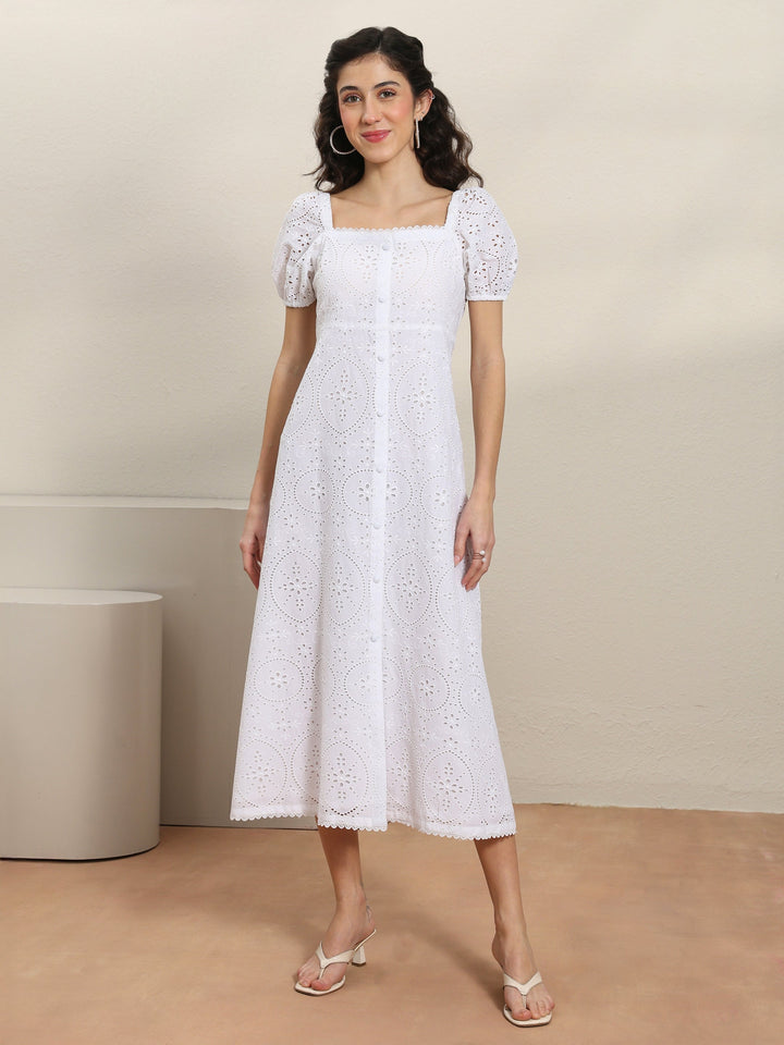 White Schiffli Embroidered Cotton A-Line One-Piece Dress