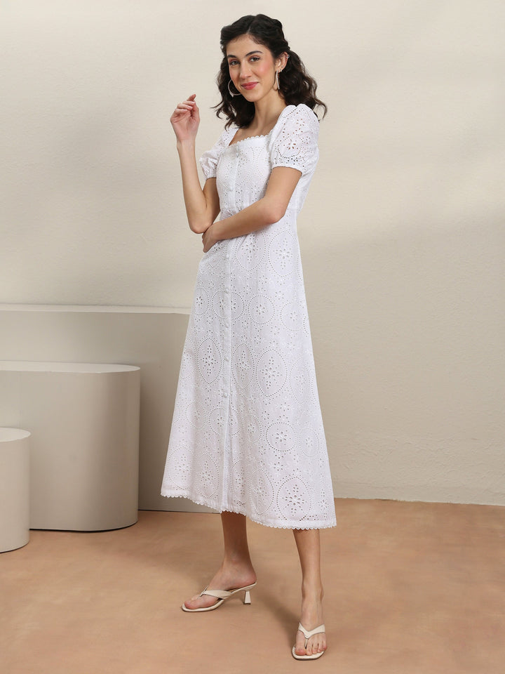 White Schiffli Embroidered Cotton A-Line One-Piece Dress