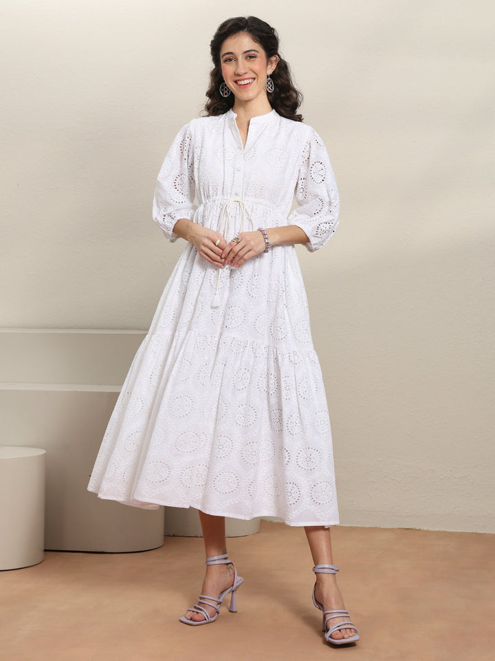 White Schiffli Embroidered Cotton Fit-And-Flare One-Piece Dress