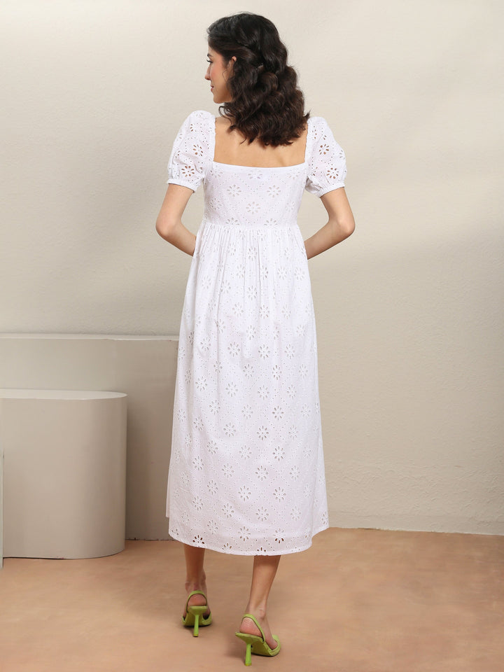 White Schiffli Embroidered Cotton A-Line One-Piece Dress