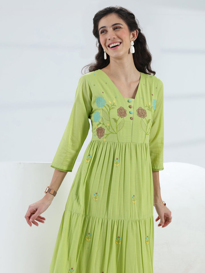 Green Floral Embroidered Cotton Fit-And-Flare One-Piece Dress