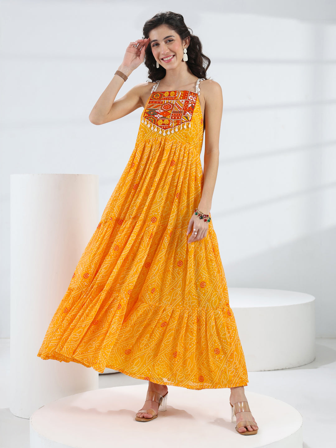 Libas Raas Rani Yellow Bandhani Printed Georgette Fit-And-Flare One-Piece Dress
