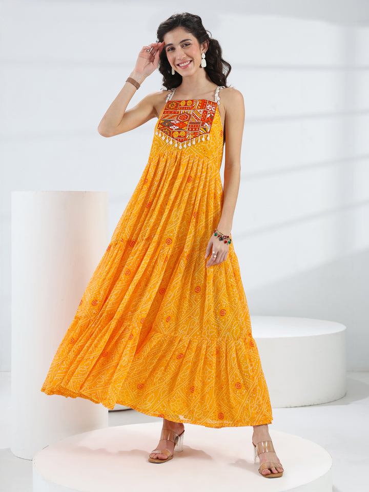 Libas Raas Rani Yellow Bandhani Printed Georgette Fit-And-Flare One-Piece Dress