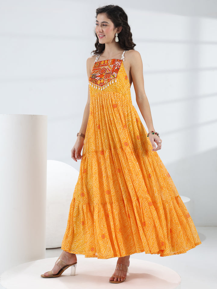 Libas Raas Rani Yellow Bandhani Printed Georgette Fit-And-Flare One-Piece Dress