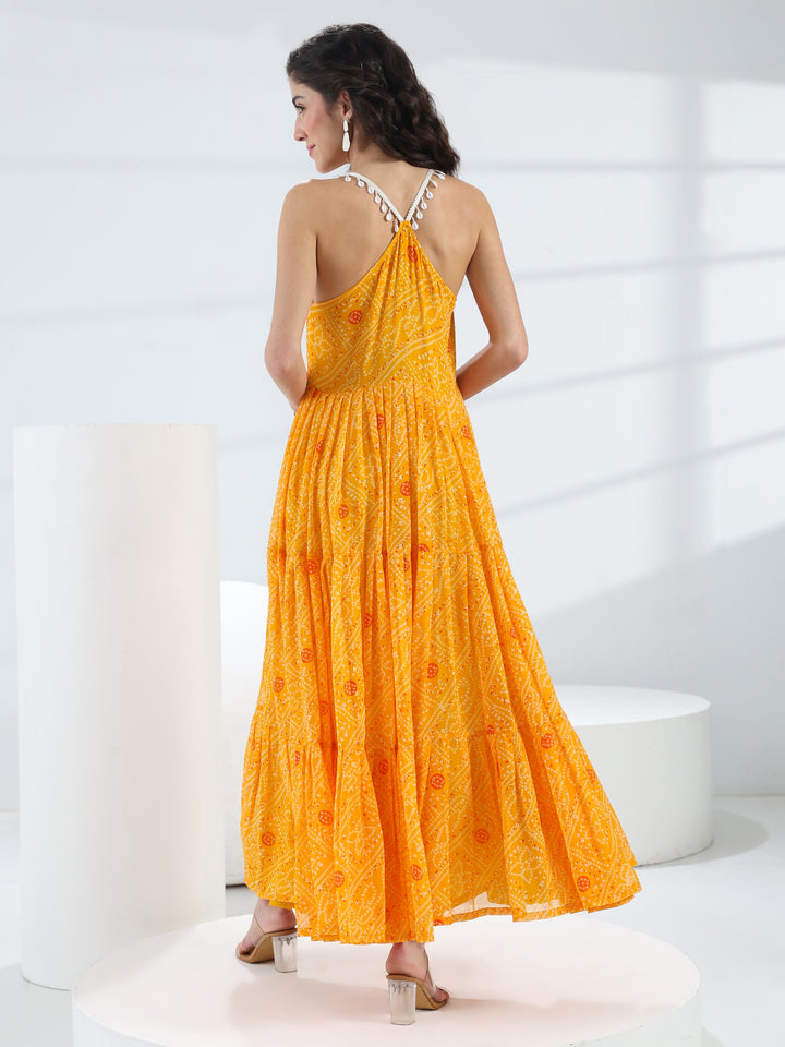 Libas Raas Rani Yellow Bandhani Printed Georgette Fit-And-Flare One-Piece Dress