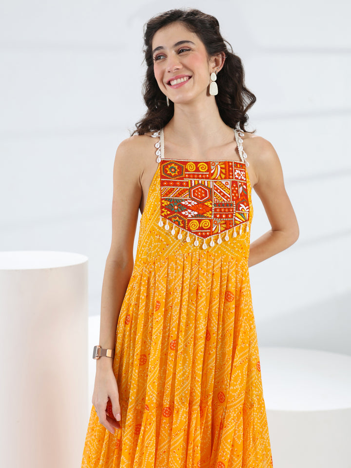 Libas Raas Rani Yellow Bandhani Printed Georgette Fit-And-Flare One-Piece Dress
