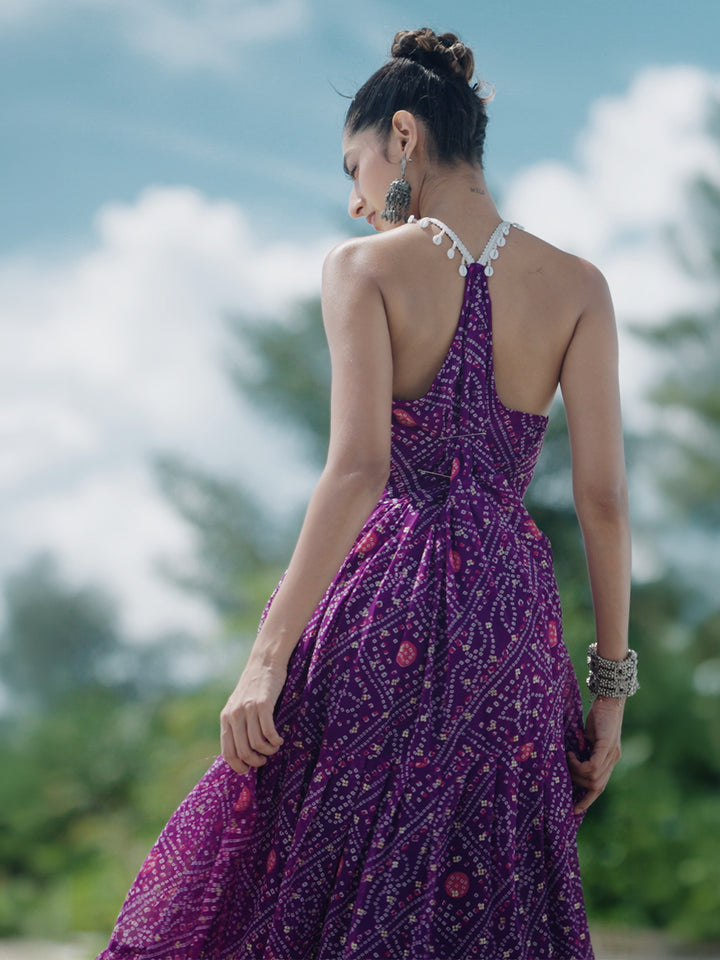Purple Bandhani Printed Georgette Fit-And-Flare One-Piece Dress