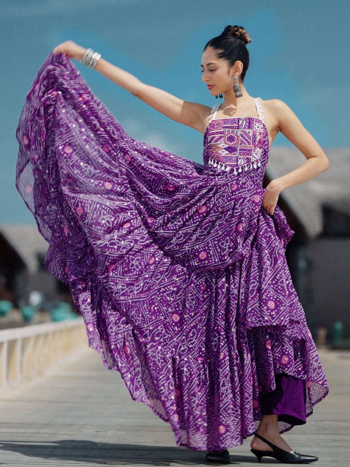 Purple Bandhani Printed Georgette Fit-And-Flare One-Piece Dress