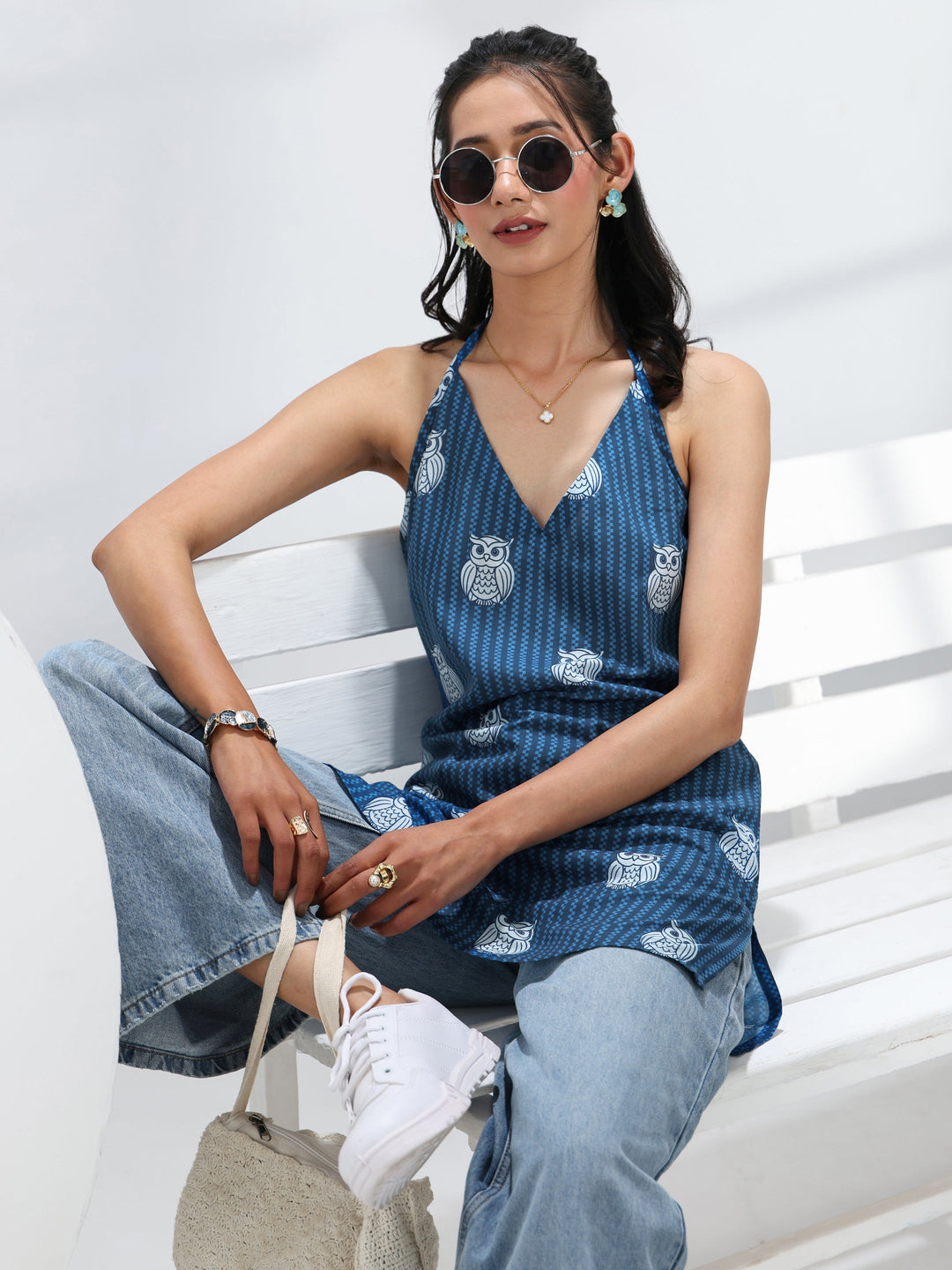 Blue Quirky Printed Cotton Straight Short Kurti