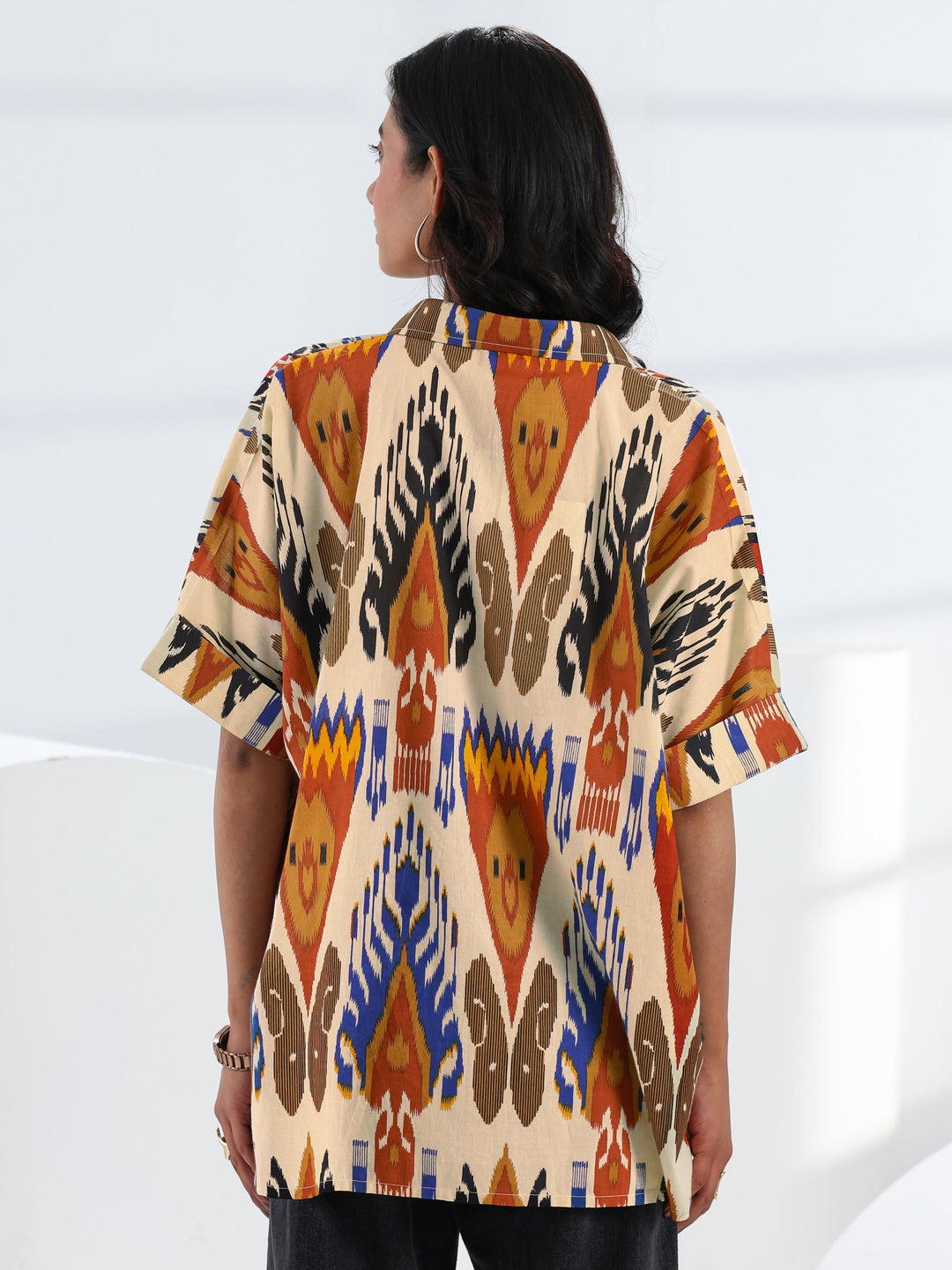 Multi- Coloured Abstract Printed Cotton Straight Short Kurti