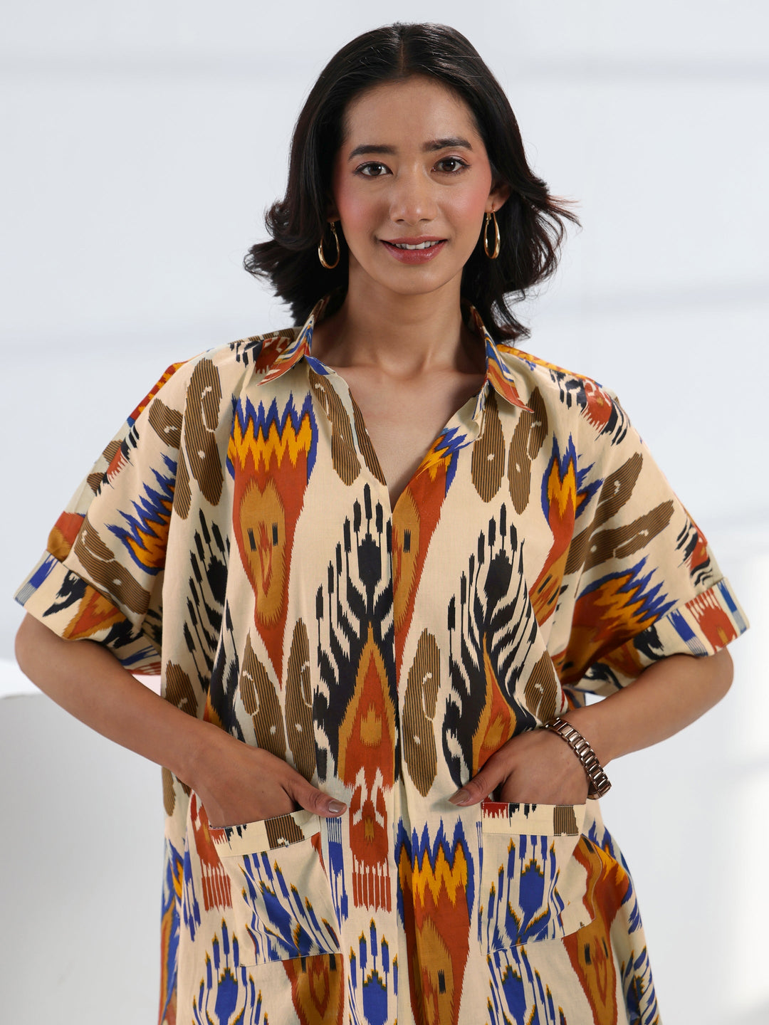Multi- Coloured Abstract Printed Cotton Straight Short Kurti