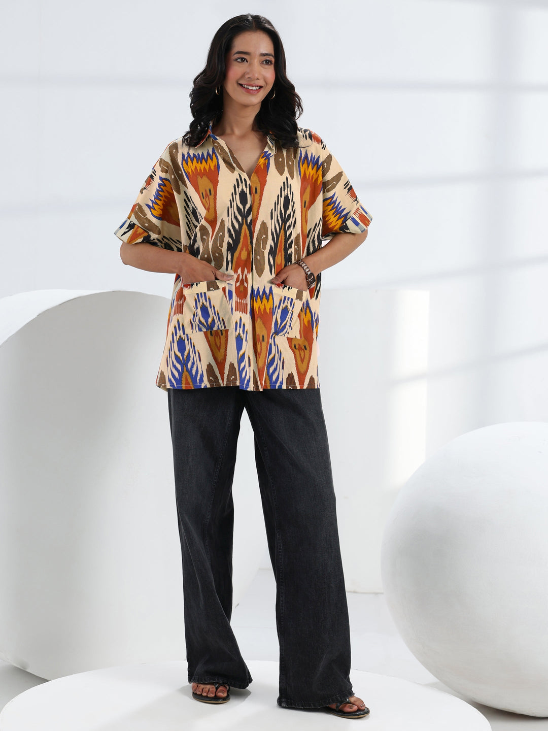 Multi- Coloured Abstract Printed Cotton Straight Short Kurti