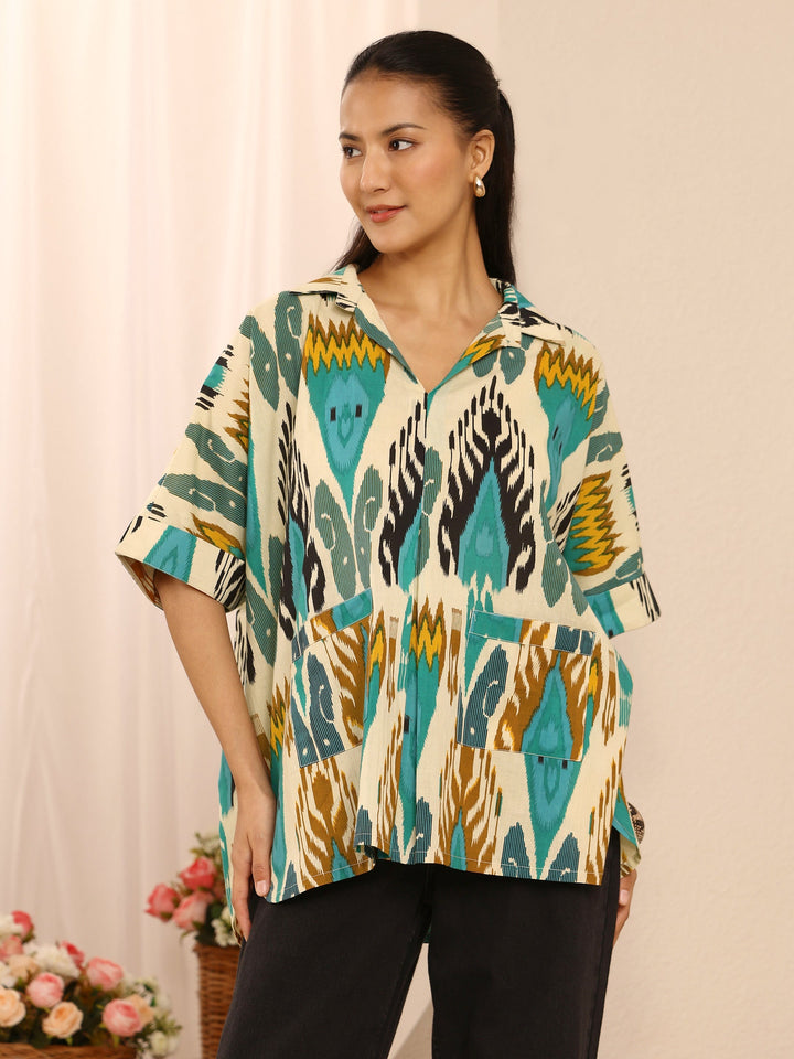 Multi Abstract Printed Cotton Blend Straight Short Kurti