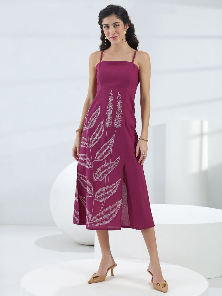 Wine Tropical Printed Cotton A-Line One-Piece Dress