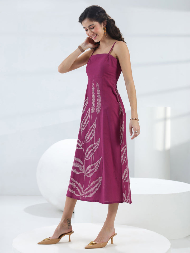 Wine Tropical Printed Cotton A-Line One-Piece Dress