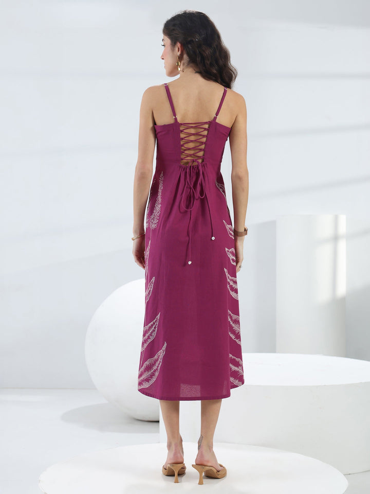 Wine Tropical Printed Cotton A-Line One-Piece Dress