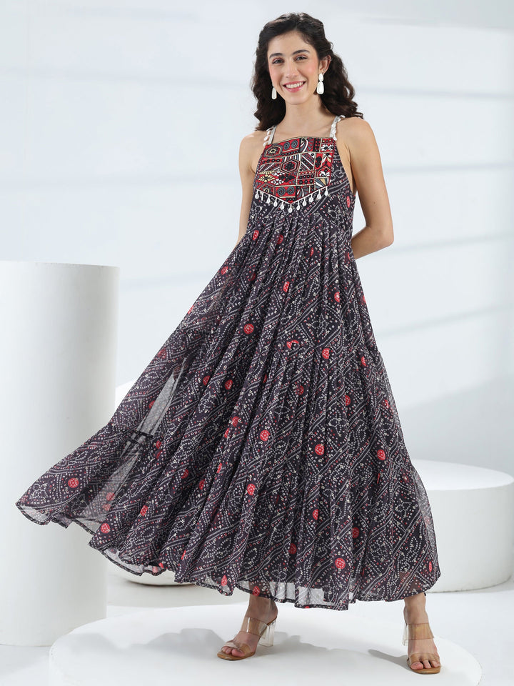 Black Bandhani Printed Georgette Fit-And-Flare One-Piece Dress