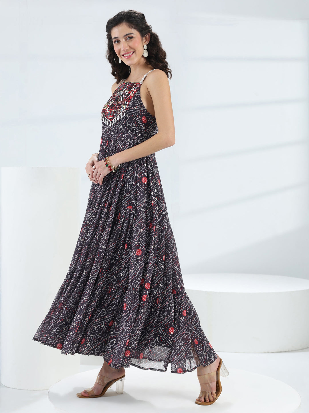 Black Bandhani Printed Georgette Fit-And-Flare One-Piece Dress