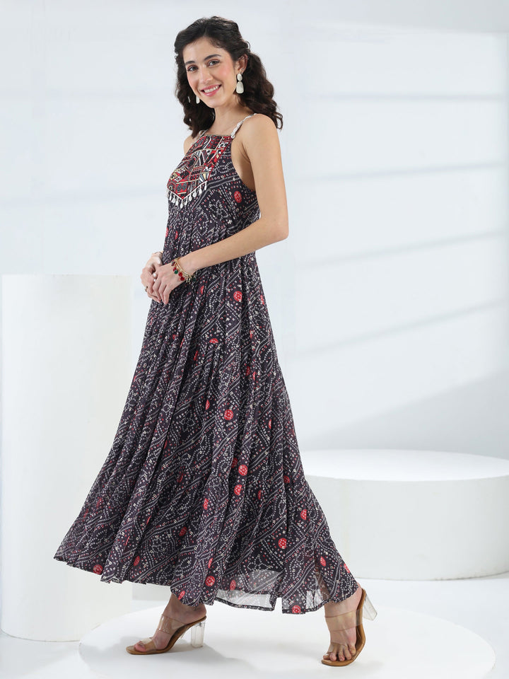 Black Bandhani Printed Georgette Fit-And-Flare One-Piece Dress