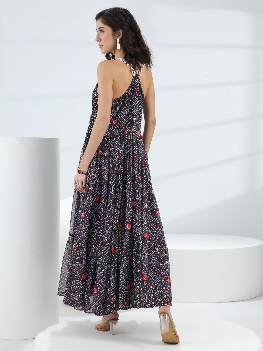 Black Bandhani Printed Georgette Fit-And-Flare One-Piece Dress