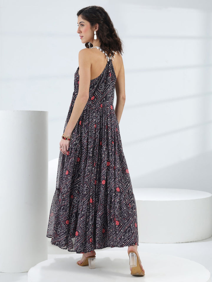 Black Bandhani Printed Georgette Fit-And-Flare One-Piece Dress