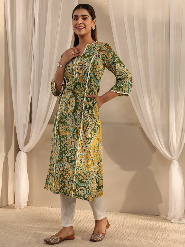 Green Paisley Printed Cotton Straight Kurta