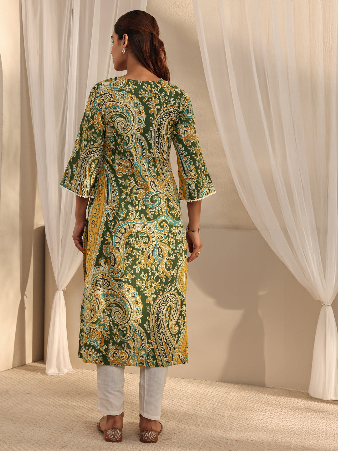 Green Paisley Printed Cotton Straight Kurta