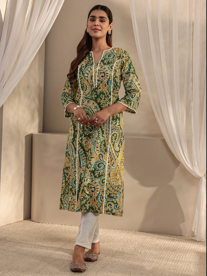 Green Paisley Printed Cotton Straight Kurta
