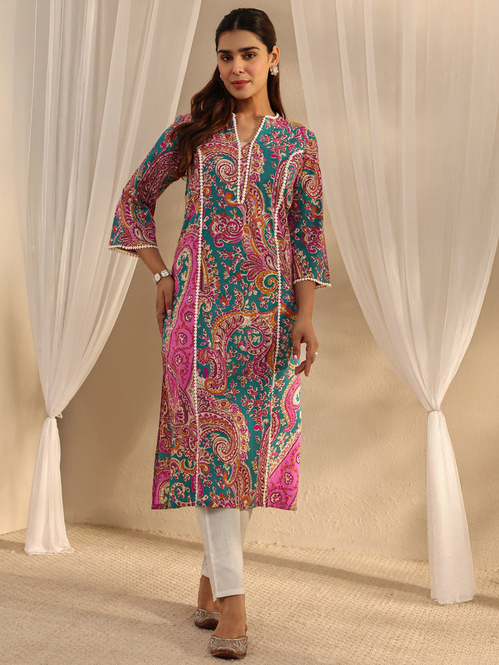 Green Paisley Printed Cotton Straight Kurta