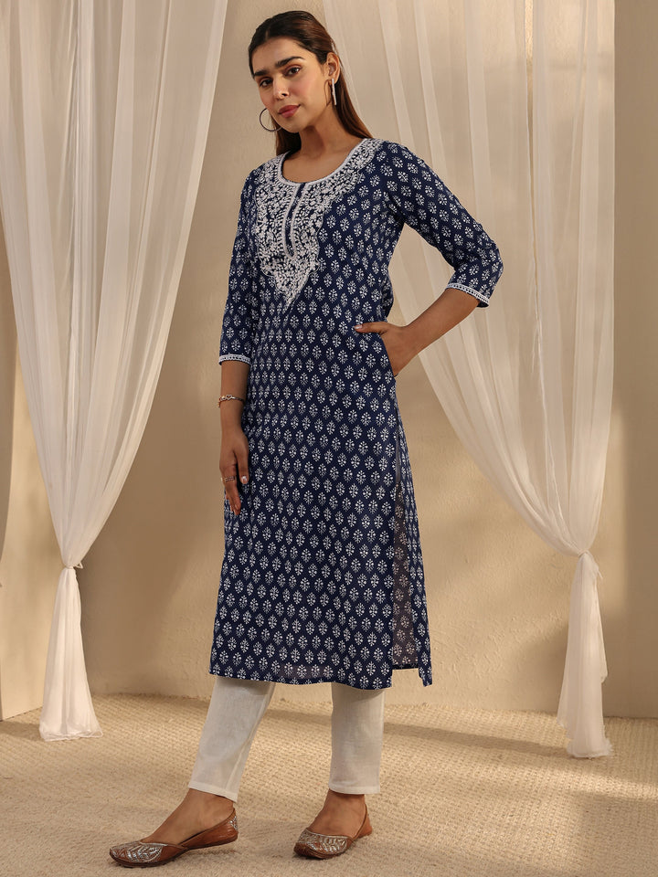 Blue Ethnic Motif Printed Cotton Straight Kurta