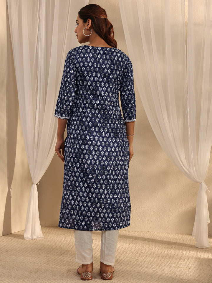 Blue Ethnic Motif Printed Cotton Straight Kurta