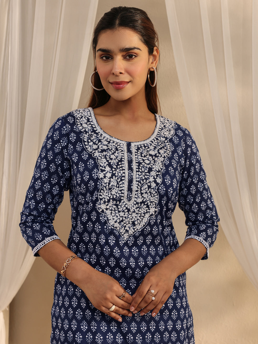 Blue Ethnic Motif Printed Cotton Straight Kurta