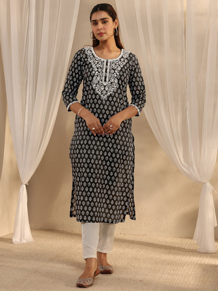 Black Ethnic Motif Printed Cotton Straight Kurta
