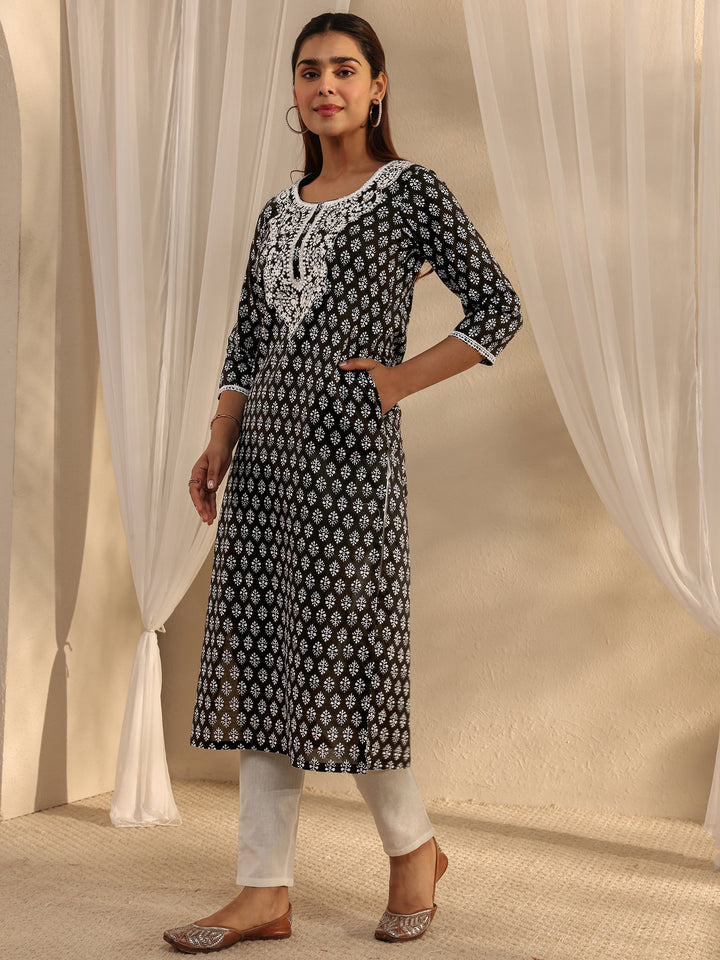 Black Ethnic Motif Printed Cotton Straight Kurta