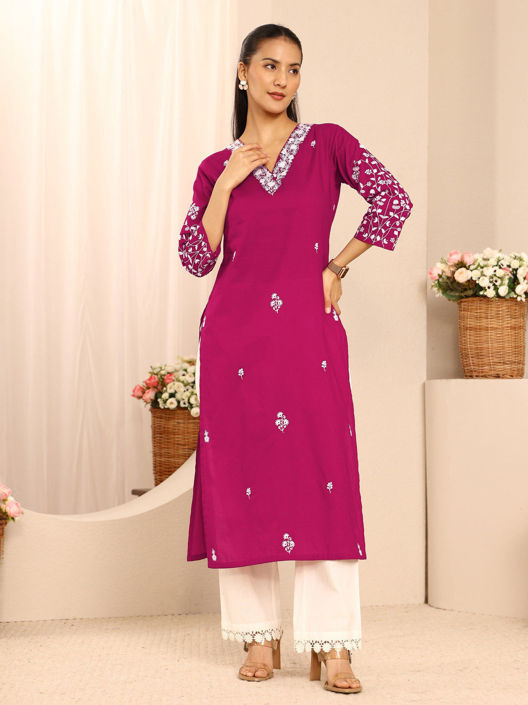 Pink Floral Embroidered Cotton Straight Kurta